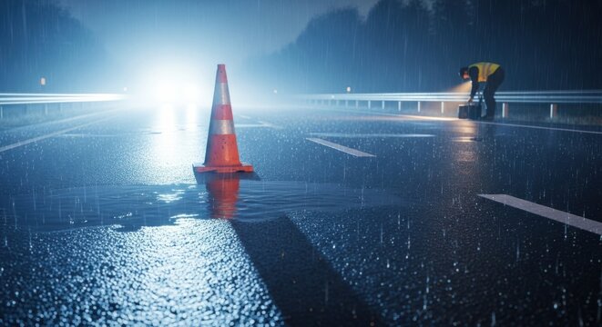A worker uses a light source on a rainy night near a traffic cone.
