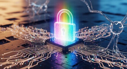 Illuminated padlock atop a circuit board symbolizes robust digital security and data protection.