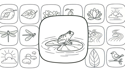 Frog on lilypad surrounded by nature icons for design and illustration