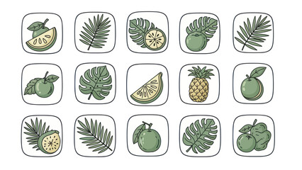 Cartoon fruits and leaves set isolated on a white background design elements