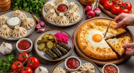 Fototapeta premium Delicious georgian feast with khinkali, khachapuri, vibrant sides and a beautifully presented meal.