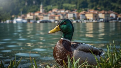 Fototapeta premium A duck resting near the water's edge with a town and boats in the background. The scene depicts nature, wildlife, and a lakeside or riverside setting.