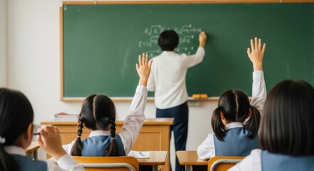 Students are engaged in a classroom activity, with one writing on the board and others raising hands.