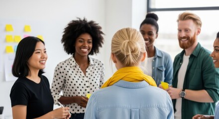 A diverse team gathers in a modern office, enjoying a collaborative and positive discussion.