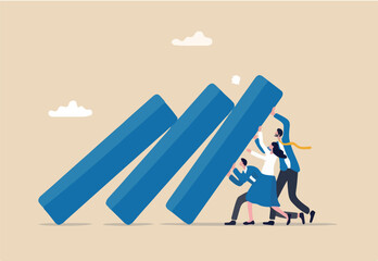 Teamwork to solve problem, team effort help stop crisis, responsibility to stop failure, support or trustworthy or courage to success concept, business people colleagues help stop domino falling.