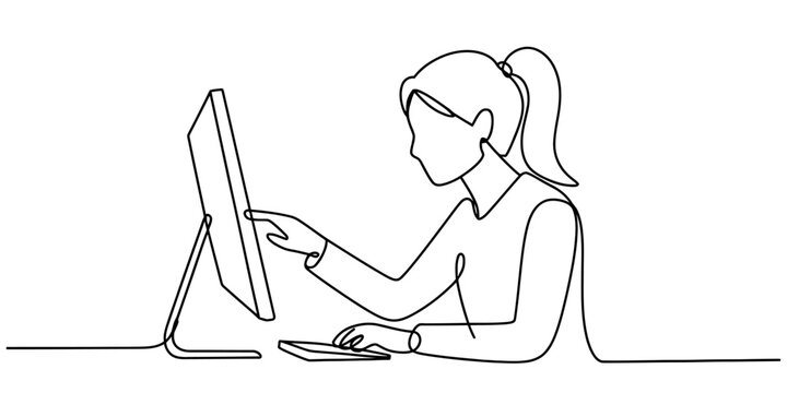 Woman working on a computer screen in minimalist continuous line art style Vector, illustration