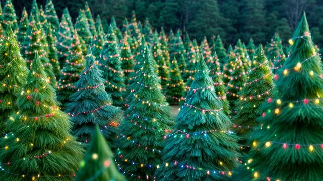 Forest of decorated christmas trees glows with countless golden lights at night creating magical holiday atmosphere and festive winter celebration