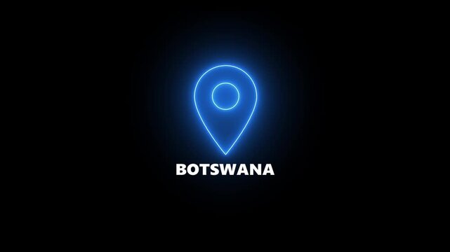 Neon blue location pin icon with the word BOTSWANA on a black background Botswana map marker