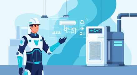 Futuristic factory technician analyzing air conditioning systems with digital interface display