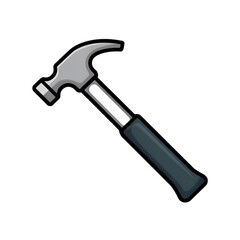 A stylized drawing of a carpenter's claw hammer with a grey head and dark grip on a black background