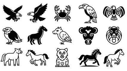 Collection of animal illustrations in monochrome showcasing diverse species
