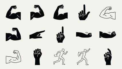 Collection of arm and hand silhouettes indicating strength and gestures