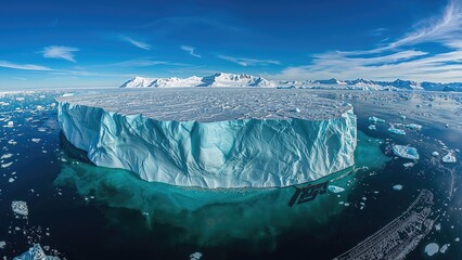 A large iceberg floating in icy ocean waters with snow-covered mountains in the background.
