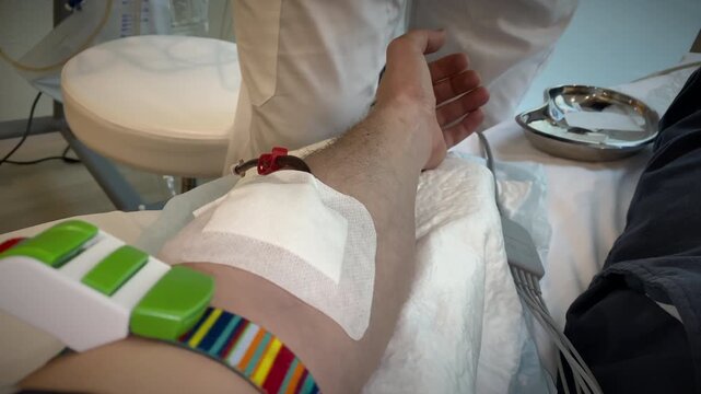 Blood Draw Scene, Patient Undergoing Blood Donation With Sterile Techniques In Clinical Environment