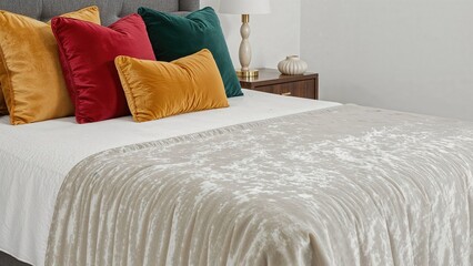 Colorful decorative pillows on a bed with a white sheet and a beige throw blanket, in a cozy bedroom setting.