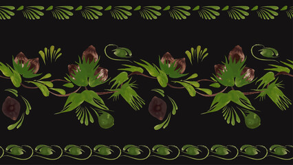 Vector seamless border pattern from hazelnut sprigs, leaves and nuts on a black background