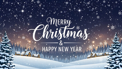 Merry Christmas and New Year text on blue background with winter landscape with snowflakes, light, stars. Xmas card. Vector Illustration, holiday