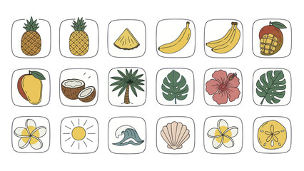 Colorful tropical fruits and plants icons set for graphic design