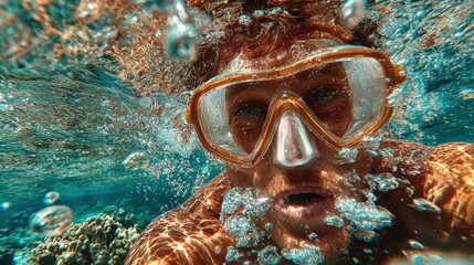Snorkeler explores underwater scenery in clear blue water near rocky coastline during bright sunny day