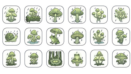 Cartoon mushrooms and wildlife illustrations set against a background of rain © jarkoni