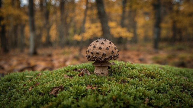 Mushroom growing on green moss in forest during autumn.