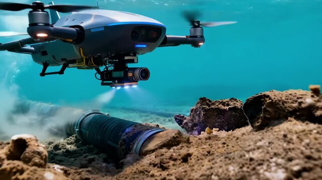 Medium shot of specialized underwater drone inspecting submarine HVDC cables to ensure system integrity and performance