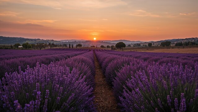 Sunset over a lavender field with rows of purple flowers and distant trees, creating a serene and colorful landscape. - Powered by Adobe