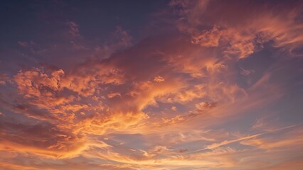 Obraz premium Vivid sunset sky with orange and pink clouds at dusk.