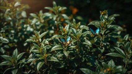 Obraz premium Bright blue butterflies resting on green foliage in a lush garden.