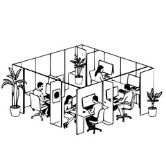 Modern Coworking Space Vector &ndash; Minimal Flat Illustration of People Collaborating Around Modular Work Pods &ndash; Contemporary Office, Teamwork, and Flexible Workspace Concept