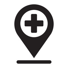 Black medical cross location pin icon symbols for hospital clinic pharmacy healthcare emergency map navigation