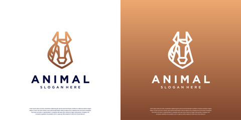 logo with line art, horse head shape, symbol of strength and luxury, premium product, vector graphic template.