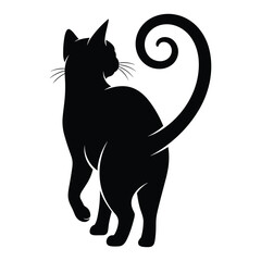 Elegant black cat silhouette with a curled tail silhouette