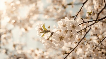 Naklejka premium Cherry blossom branches with white flowers in bloom during springtime.