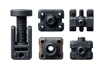 Illustration of set of industrial metal hardware pieces isolated on transparent background for assembly