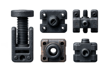 Illustration of set of industrial metal hardware pieces isolated on transparent background for assembly