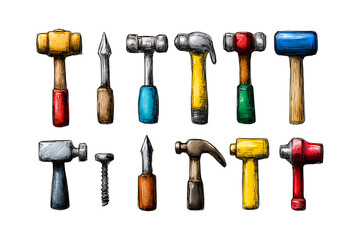 Illustration of collection of various colorful hammers and tools on transparent background for construction and repair