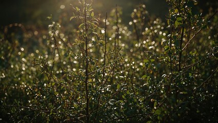 Dense green shrubbery with sunlight and bokeh lights. Nature and foliage, concept. Vegetation and plant life. The idea of natural environment and greenery.