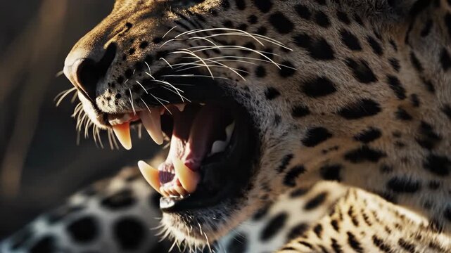 Close up profile of a leopard roaring with sharp teeth bared in the warm golden hour sunlight showcasing its spotted fur in the savanna during a hunt