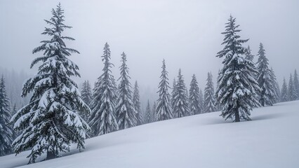 Obraz premium Snow-covered trees in a winter forest scene.