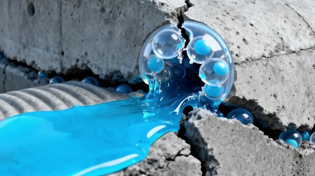 Medium shot revealing closeup of microcapsule rupture within concrete sewer lining capturing the release of healing agents that restore structural integrity