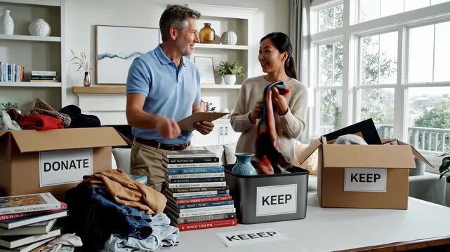 asian woman and white man decluttering bright living room sorting clothes and books into labeled keep and donate boxes, smiling teamwork by sunlit window, cardboard piles on table, casual clothing