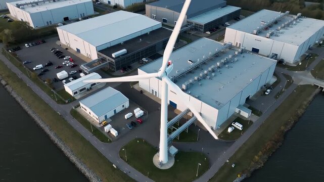 Wind turbine spins above a manufacturing large industrial data center building infrastructure with computing network technology area  during a clear day in a coastal region