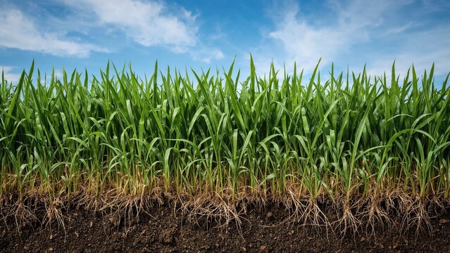 Lush green grass and plants growing, with soil underneath and a bright blue sky with clouds in the background.