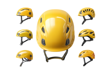 Illustration of collection of yellow safety helmets with black straps and ventilation holes isolated on transparent background