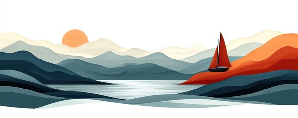 Minimalist boho illustration featuring a serene sunset with layered mountains and a sailboat on tranquil waters