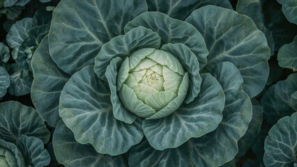 Close-up of a cabbage plant with large leaves and a central head, showing lush green foliage.