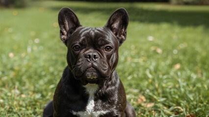 Fototapeta premium French Bulldog puppy sitting outdoors on grass with blurred background.
