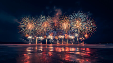 Vibrant Fireworks Over Reflective Water