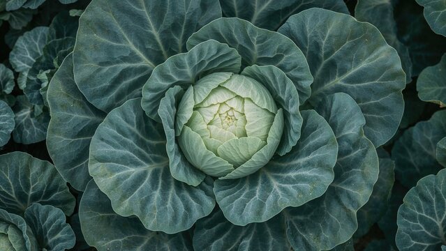 Close-up of a cabbage plant with large leaves and a central head, showing lush green foliage.